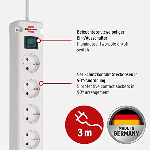 Brennenstuhl Bremounta Steckdosenleiste 5-fach mit USB-Ladefunktion (Mehrfachsteckdose mit 90 Grad Steckdosen, Steckerleiste mit Schalter, Befestigungsmöglichkeit und 3m Kabel) weiß