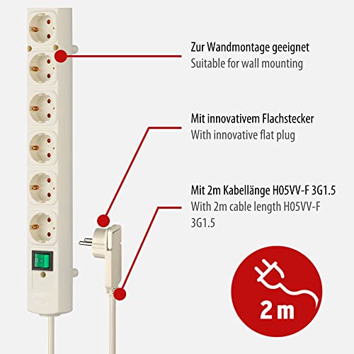 Brennenstuhl Comfort-Line Plus, Steckdosenleiste 6-Fach (Mehrfachsteckdose mit Flachstecker und Schalter, Mehrfachsteckdose mit 2m Kabel und extra Breiten Abständen der Steckdosen) weiß
