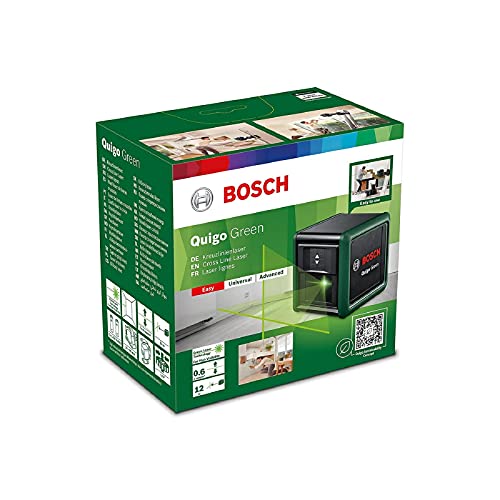 Bosch Kreuzlinienlaser Quigo Green mit Universalklemme MM 2 (grüner Laser für bessere Sichtbarkeit, Gehäuse aus recyceltem Kunststoff)