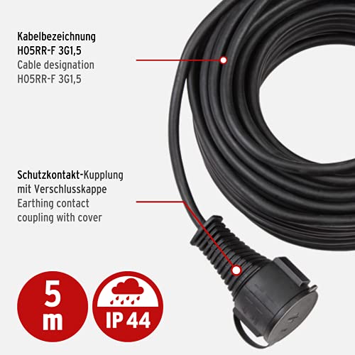 Brennenstuhl Qualitäts-Gummi-Verlängerungskabel (5m Kabel, für den kurzfristigen Einsatz im Außenbereich IP44) schwarz