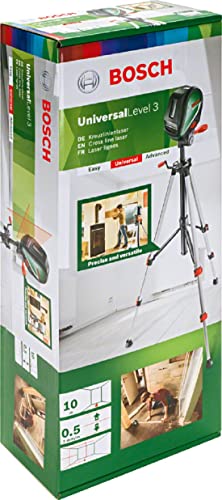Bosch Kreuzlinienlaser UniversalLevel 3 mit Stativ (3 Laserlinien inkl. vertikaler Linie im 90°-Winkel für ein zusätzlichem Laserkreuz an der Decke und Lotpunkt unten für präzise Ausrichtungen)
