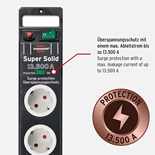 Brennenstuhl Super-Solid Steckdosenleiste 5-Fach mit Überspannungsschutz (Mehrfachsteckdose mit 2,5m Kabel und Schalter - aus bruchfestem Polycarbonat) schwarz/grau