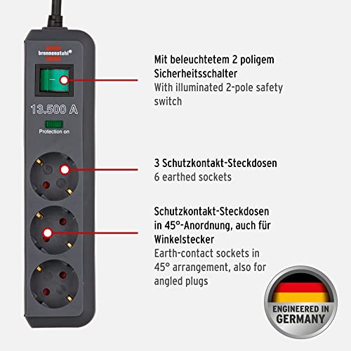 Brennenstuhl Eco-Line Steckdosenleiste 3-fach mit Überspannungsschutz (Mehrfachsteckdose mit erhöhtem Berührungsschutz, Schalter und 1,5m Kabel) anthrazit
