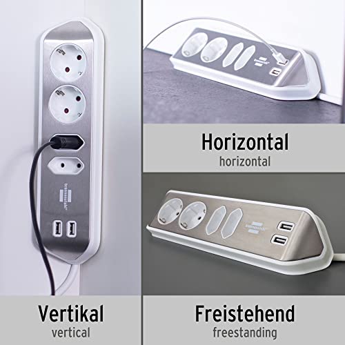 brennenstuhl Estilo Ecksteckdosenleiste 4-Fach (Tischsteckdose mit Edelstahloberfläche, Ecksteckdose mit 2X Schutzkontakt-Steckdosen, 2X Euro-Steckdosen, inkl. USB-Ladefunktion) Silber/weiß