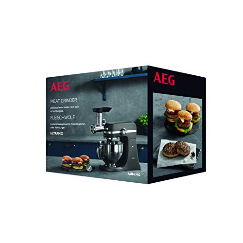 AEG AUM MG Fleischwolf für Küchenmaschinen (Für Bolognese, Frikadellen, Burger-Patties, inkl. 2 Einsätzen (grob & fein), passend u.a. für AEG UltraMix KM4000, KM4400, KM54WR, Edelstahl), 188x170x125mm