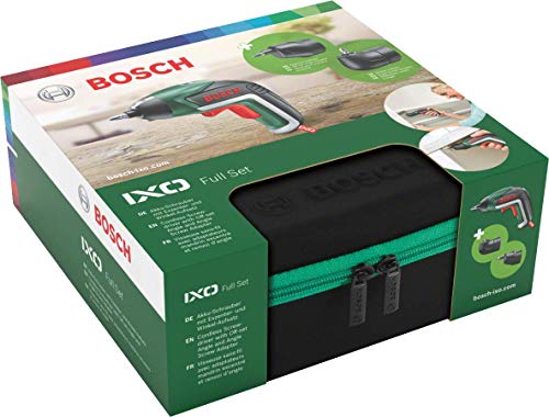 Bosch Akkuschrauber IXO Set (Winkelaufsatz und Exzenteraufsatz, 10 Bits, USB-Ladegerät, Softcase, 3,6 Volt, 1,5 Ah), Klassisch grün