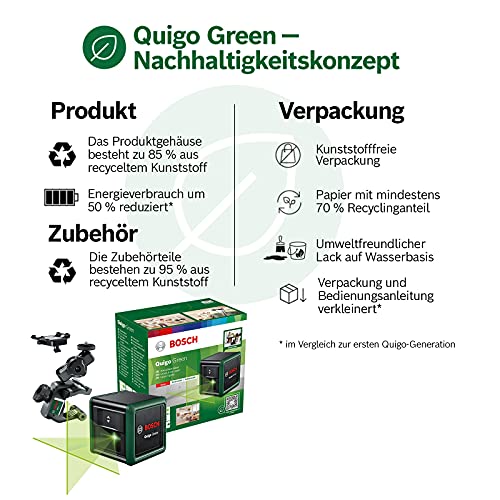 Bosch Kreuzlinienlaser Quigo Green mit Universalklemme MM 2 (grüner Laser für bessere Sichtbarkeit, Gehäuse aus recyceltem Kunststoff)