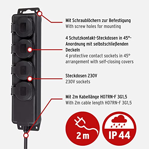 Brennenstuhl Steckdosenverteiler IP44 4-fach (Steckdosenleiste für den Baustelleneinsatz und den ständigen Einsatz im Freien, 2m Kabel) schwarz
