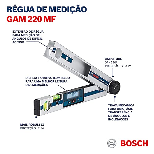 Bosch Professional Digitales Winkelmessgerät GAM 220 MF (Berechnung von Gehrungswinkeln, Schenkellänge: 0 - 220º, Länge: 40 cm)