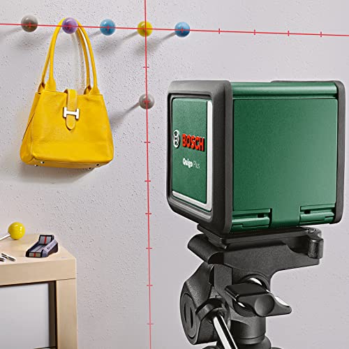 Bosch Kreuzlinienlaser Quigo Plus mit Stativ (einfaches Ausrichten in gleichen und variablen Abständen dank Markierungen auf der Laserlinie)