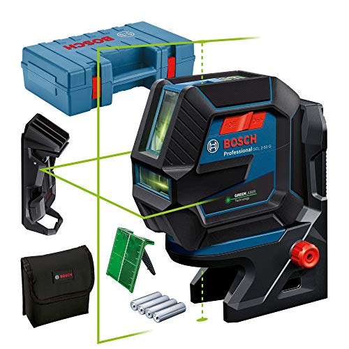 Bosch Professional Linienlaser GCL 2-50 G (grüner Laser, Halterung RM 10, Deckenklammer, sichtbarer Arbeitsbereich: bis 15 m, 4x AA-Batterie, in Kartonschachtel), Schwarz
