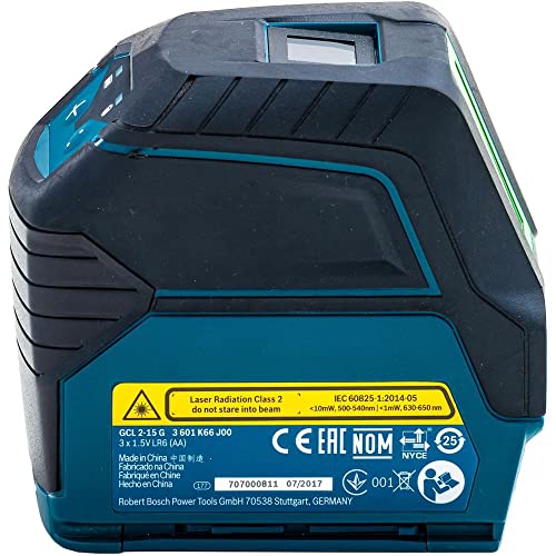 Bosch Professional Kreuzlinienlaser GCL 2-15 G (grüner Laser, Innenbereich, mit Lotpunkten, Arbeitsbereich: 15 m, 3x 1,5 V Batterien, Drehhalterung RM 1, Laserzieltafel, Handwerkerkoffer), Blau