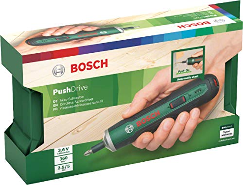 Bosch - Ergonomischer Akkuschrauber PushDrive (eingebauter 3,6-V-1,5-Ah-Akku, Micro-USB-Aufladung, Lieferung mit 32 Schraubendrehern und Aufbewahrungsbox), (L x B x H) 182 x 38 x 38 mm