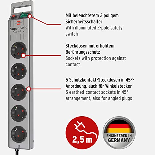 Brennenstuhl Super-Solid Steckdosenleiste 5-Fach (Mehrfachsteckdose mit Schalter und 2,5m Kabel - aus bruchfestem Polycarbonat) schwarz/Silber