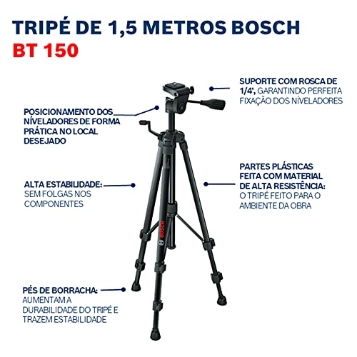 Bosch Professional 0601096B00 Stativ für Laser und Nivellier BT 150 (Höhe: 55 - 157 cm, Gewinde: 1/4"), Schwarz, 10,8 cm*58,8 cm*11,6 cm