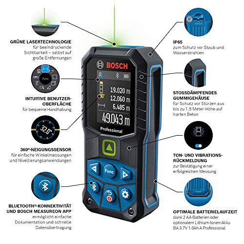 Bosch Professional Laser-Entfernungsmesser GLM 50-27 CG (grüner Laser, Reichweite: bis 50 m, robust, IP65, Bluetooth-Datenübertragung, 2 AA-Batterien, Schlaufe, Tasche)