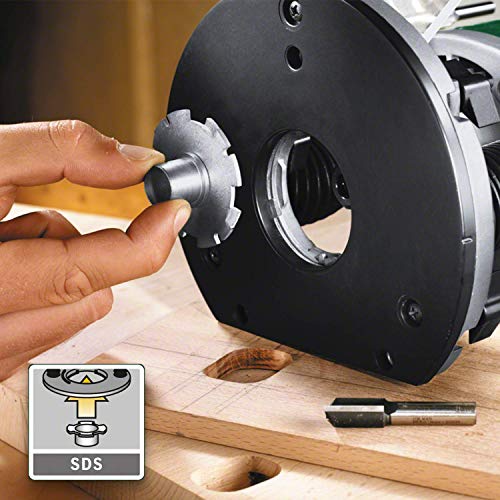 Bosch DIY Oberfräse POF 1400 ACE, Absaugadapter, Gabelschlüssel, Kopierhülse, Nutfräser, Parallelanschlag, Zentrierstift, 3 Spannzangen, Koffer (1400 W, Werkzeugaufnahme 6 mm)