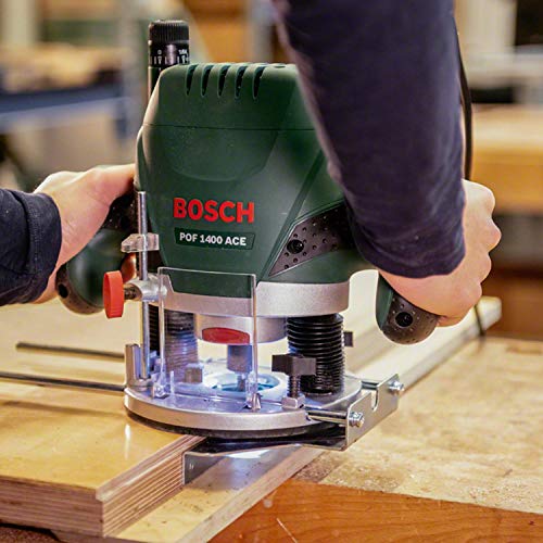 Bosch DIY Oberfräse POF 1400 ACE, Absaugadapter, Gabelschlüssel, Kopierhülse, Nutfräser, Parallelanschlag, Zentrierstift, 3 Spannzangen, Koffer (1400 W, Werkzeugaufnahme 6 mm)