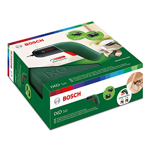 Bosch Akkuschrauber IXO Set (6. Generation, grün, mit IXO-Winkel- und IXO-Exzenteraufsätzen, variable Drehzahlsteuerung, über Mikro-USB-Kabel aufladbar, in Tasche)
