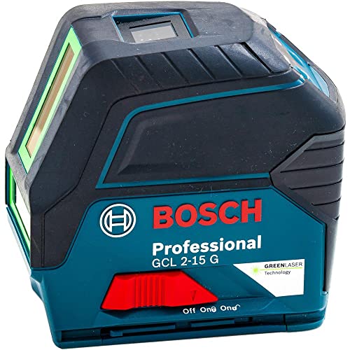Bosch Professional Kreuzlinienlaser GCL 2-15 G (grüner Laser, Innenbereich, mit Lotpunkten, Arbeitsbereich: 15 m, 3x 1,5 V Batterien, Drehhalterung RM 1, Laserzieltafel, Handwerkerkoffer), Blau