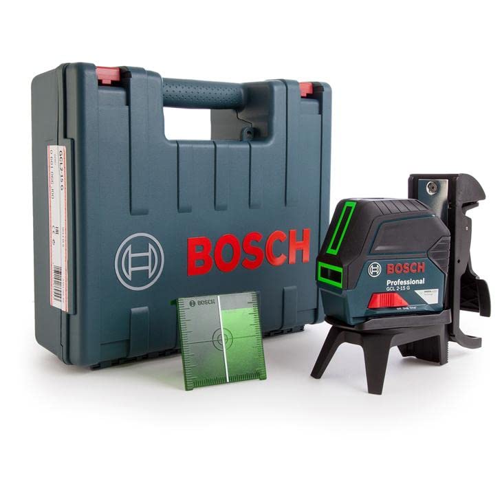 Bosch Professional Kreuzlinienlaser GCL 2-15 G (grüner Laser, Innenbereich, mit Lotpunkten, Arbeitsbereich: 15 m, 3x 1,5 V Batterien, Drehhalterung RM 1, Laserzieltafel, Handwerkerkoffer), Blau