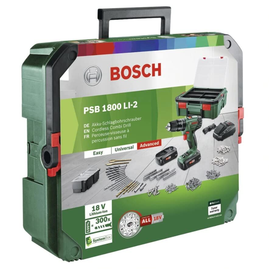 Bosch Akku-Schlagbohrschrauber PSB 1800 Li-2 inkl.: 2x 18 V Akkus 1, 5 Ah, 1 x Zubehör 241-tlg, 1 x Systemkoffer