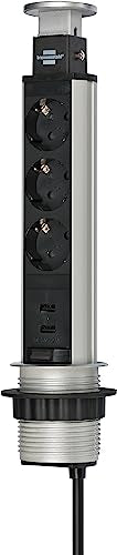 Brennenstuhl Tower Power, Tischsteckdosenleiste 3-fach (versenkbare Steckdosenleiste, 2-fach USB, 2m Kabel, komplett in Tischplatte versenkbar) silber/schwarz