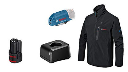 Bosch Professional Beheizbare Jacke GHJ 12+18V XA (inkl. USB-Ladeadapter GAA 12V-21 + GBA 12V 2.0Ah Akku + Ladegerät GAL 12V-20, im Karton)