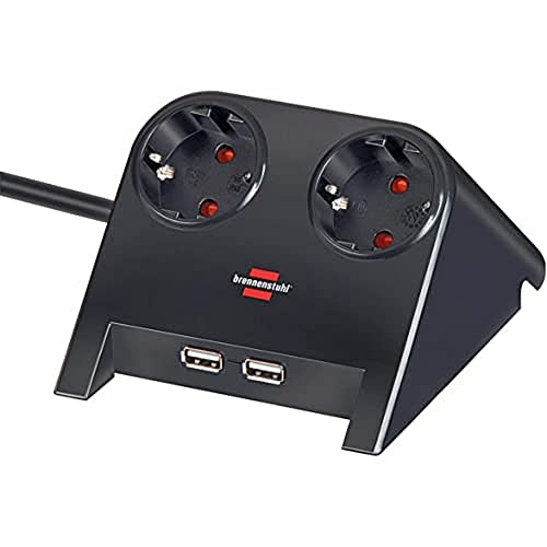 Brennenstuhl Desktop-Power Steckdosenleiste 2-fach für den Tisch (Tischsteckdose mit 1,8m Kabel, Mehrfachsteckdose mit Gummifüßen und 2-fach USB) schwarz poliert