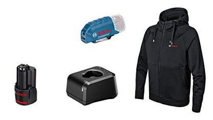 Bosch Professional Beheizbare Sweatjacke GHH 12+18V XA (inkl. USB-Ladeadapter GAA 12V-21 + GBA 12V 2.0Ah Akku + Ladegerät GAL 12V-20, im Karton)
