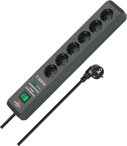 Brennenstuhl Secure-Tec Steckdosenleiste 6-Fach mit Überspannungsschutz (Mehrfachsteckdose mit 2m Kabel und Schalter, Engineered in Germany) grau