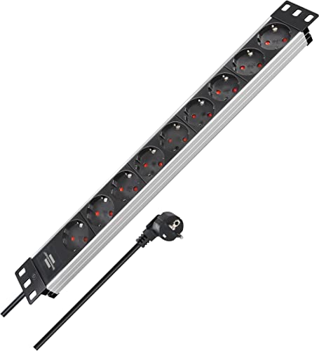 Brennenstuhl Alu-Line 19" Steckdosenleiste 9-Fach - Steckerleiste aus hochwertigem Aluminium (2m Kabel), Silber/schwarz