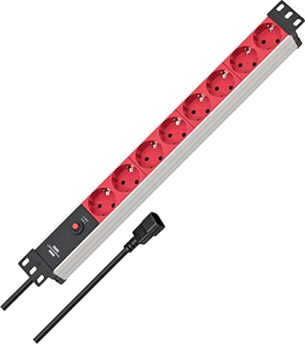 Brennenstuhl Alu-Line 19" Steckdosenleiste/Steckerleiste 8-Fach für Schaltschränke (Mehrfachsteckdose 19 Zoll mit 10A Sicherungsautomat und Kaltgeräte-Stecker, 2m Kabel) Silber/rot