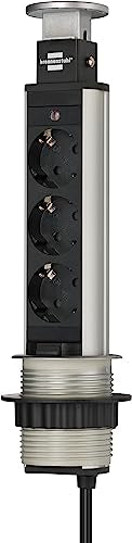 Brennenstuhl Tower Power Tischsteckdosenleiste 3-fach (versenkbare Steckdosenleiste, Mehrfachsteckdose mit 2m Kabel, komplett in Tischplatte versenkbar) alu/schwarz