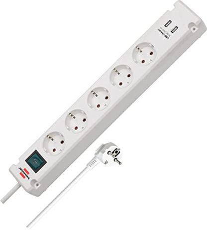 Brennenstuhl Bremounta Steckdosenleiste 5-fach mit USB-Ladefunktion (Mehrfachsteckdose mit 90 Grad Steckdosen, Steckerleiste mit Schalter, Befestigungsmöglichkeit und 3m Kabel) weiß