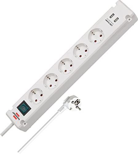Brennenstuhl Bremounta Steckdosenleiste 5-fach mit USB-Ladefunktion (Mehrfachsteckdose mit 90 Grad Steckdosen, Steckerleiste mit Schalter, Befestigungsmöglichkeit und 3m Kabel) weiß
