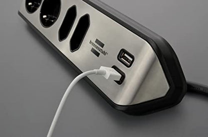 brennenstuhl Estilo Ecksteckdosenleiste 4-Fach (Tischsteckdose mit Edelstahloberfläche, Ecksteckdose mit 2X Schutzkontakt-Steckdosen, 2X Euro-Steckdosen, inkl. USB-Ladefunktion) Silber/schwarz