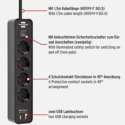 Brennenstuhl Ecolor Steckdosenleiste 4-Fach mit USB-Ladebuchse (Mehrfachsteckdose mit 2X USB Charger, Schalter und 1,5m Kabel) schwarz