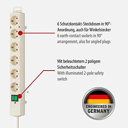 Brennenstuhl Comfort-Line Plus, Steckdosenleiste 6-Fach (Mehrfachsteckdose mit Flachstecker und Schalter, Mehrfachsteckdose mit 2m Kabel und extra Breiten Abständen der Steckdosen) weiß
