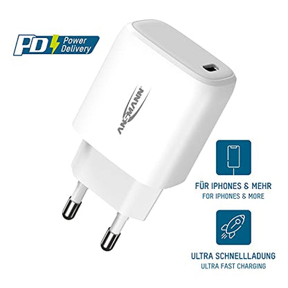 Ansmann iPhone Ladegerät 20W - USB C Port mit Power Delivery 3.0, kompatibel mit iPhone 12/12 Mini/12 Pro/12 Pro Max, Galaxy, Pixel 4/3, iPad Pro, AirPods Pro, Weiß