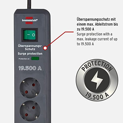Brennenstuhl Secure-Tec Steckdosenleiste 6-Fach mit Überspannungsschutz (Mehrfachsteckdose mit 2m Kabel und Schalter, Engineered in Germany) grau