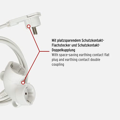 Brennenstuhl Qualitäts-Kunststoff-Verlängerungskabel mit Flachstecker (Verlängerungskabel flach für innen mit 5m Kabel, Strom-Verlängerungskabel mit Doppelsteckdose, 2-fach Verlängerungskabel) weiß