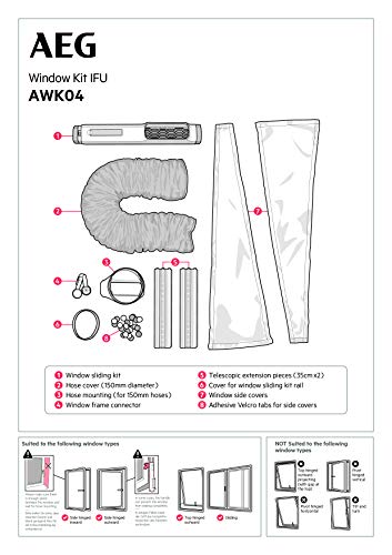 AEG AWK04 Premium Window Kit (Leicht zu installieren, Fensterabdichtungs-Set, ausziehbar, erweiterbar, Textildichtung, passend für alle portablen Klimageräte mit 15cm Schlauchdurchmesser, grau/weiß)