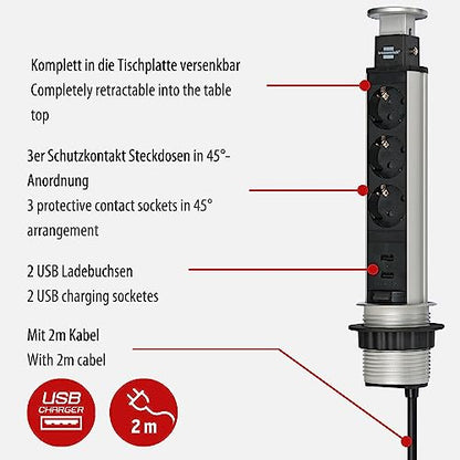 Brennenstuhl Tower Power, Tischsteckdosenleiste 3-fach (versenkbare Steckdosenleiste, 2-fach USB, 2m Kabel, komplett in Tischplatte versenkbar) silber/schwarz