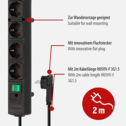 Brennenstuhl Comfort-Line Plus Steckdosenleiste 4-Fach (Mehrfachsteckdose mit Flachstecker, Schalter, 2m Kabel und extra breite Abstände der Steckdosen) schwarz