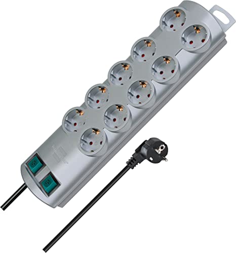 Brennenstuhl Primera-Line, Steckdosenleiste 10-Fach (Mehrfachsteckdose mit 2 Schaltern für je 5 Steckdosen und 2m Kabel) Silber