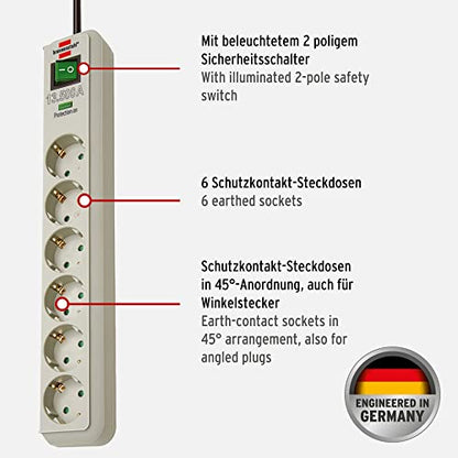 Brennenstuhl Eco-Line Steckdosenleiste 6-Fach mit Überspannungsschutz (Mehrfachsteckdose mit erhöhtem Berührungsschutz, Schalter und 1,5m Kabel) PC-Grau