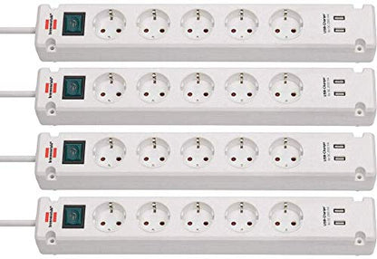 Brennenstuhl Bremounta Steckdosenleiste 5-Fach mit USB-Ladefunktion (Steckerleiste mit Befestigungsmöglichkeit, 3m Kabel und Kindersicherung) weiß 4er Pack