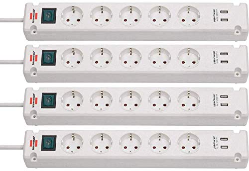 Brennenstuhl Bremounta Steckdosenleiste 5-Fach mit USB-Ladefunktion (Steckerleiste mit Befestigungsmöglichkeit, 3m Kabel und Kindersicherung) weiß 4er Pack