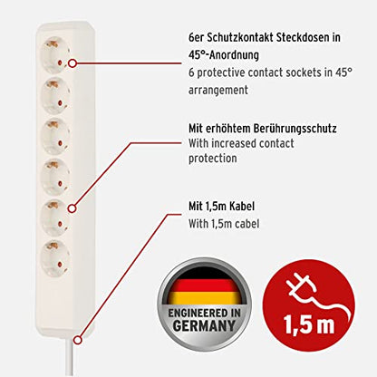 Brennenstuhl Eco-Line Steckdosenleiste 6-fach (Mehrfachsteckdose mit erhöhtem Berührungsschutz und 1,5m Kabel) weiß